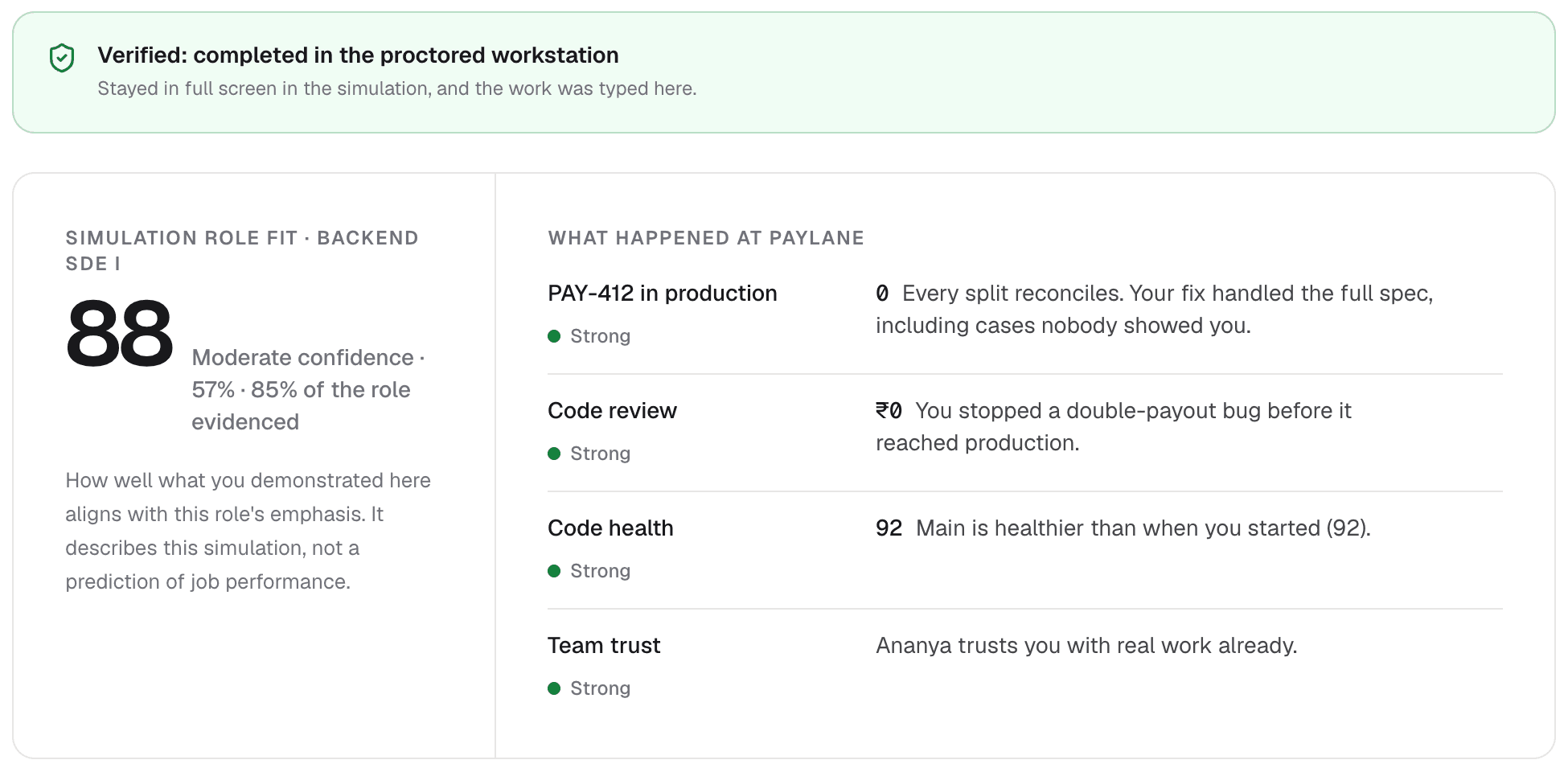 A sample Simverse report from a test run: a role fit of 88, and what happened at the company